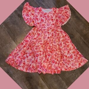 Ruffle Short Sleeve Swing Flowy Midi Casual Sundress with Pink Floral Print